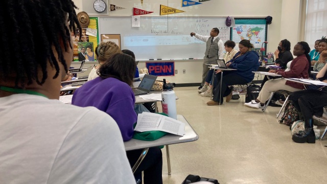 Emmitt Glynn teaches AP African American studies to a group of Baton Rouge Magnet High School students