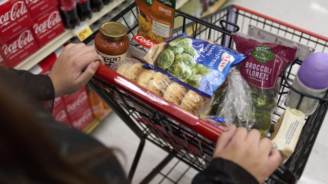 From an angle, a person is seen pushing a grocery cart filled with produce, some canned items, pasta sauce